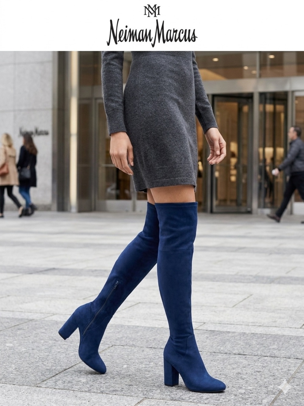 Neiman Marcus Navy Suede Over-the-Knee Block Heel Boots
